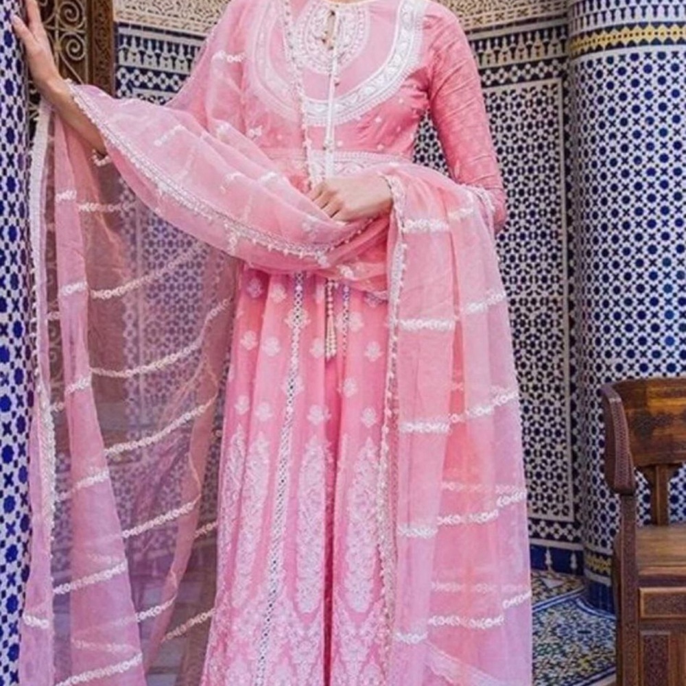 Elegant Pink Embroidered Maxi Dress with Sheer Dupatta